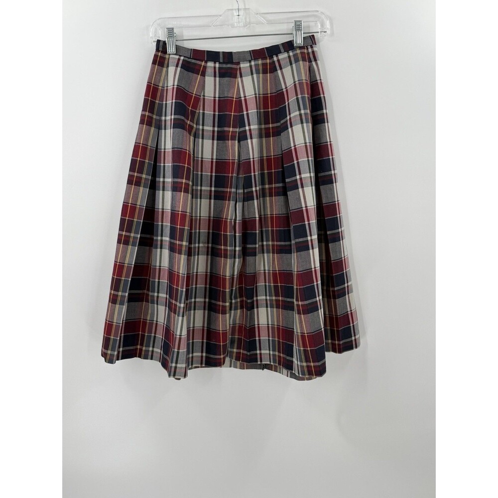 Vintage 1970s Sears & Roebuck Red Navy Plaid Pleated High waisted Skirt 26"x26"